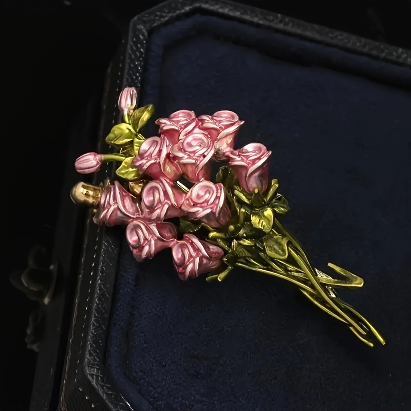 Women Accessories Bouquet - Elegant Pink Rose Bouquet Brooch Retro