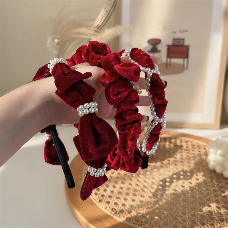Hair Tie Velvet - Vintage French Red Velvet Pearl Bow